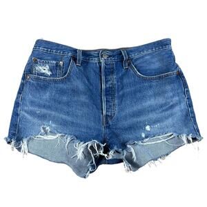 LEVIS Blue Distressed Button Fly Denim Cut Off Shorts Women's 32 Levi's‎ 501
